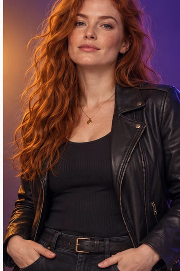 Liv, fiktive erwachsene Editorial-Figur im Alter von 35 Jahren mit rotem Haar und Lederjacke